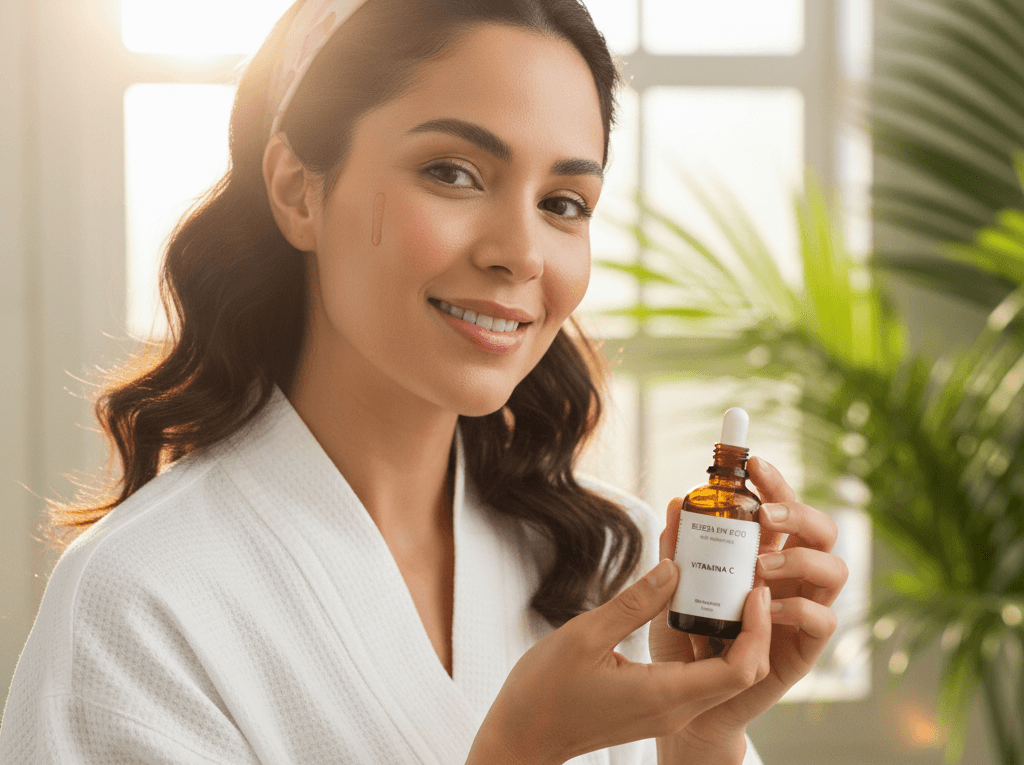 Mulher sorridente de roupão branco segurando um frasco de sérum de Vitamina C, representando rotina de skincare e cuidado facial.