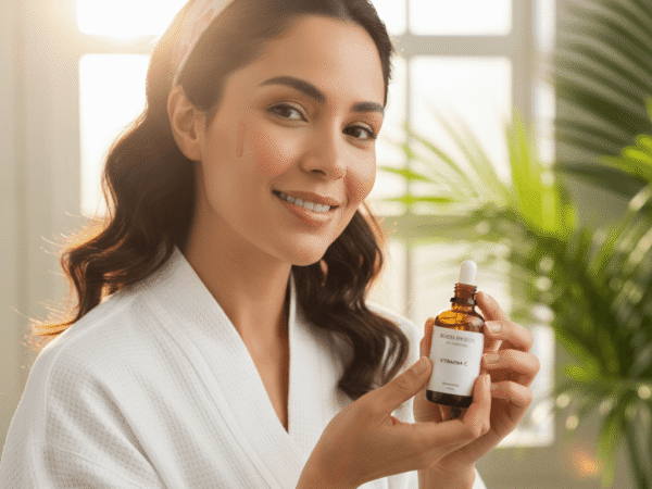 Mulher sorridente de roupão branco segurando um frasco de sérum de Vitamina C, representando rotina de skincare e cuidado facial.