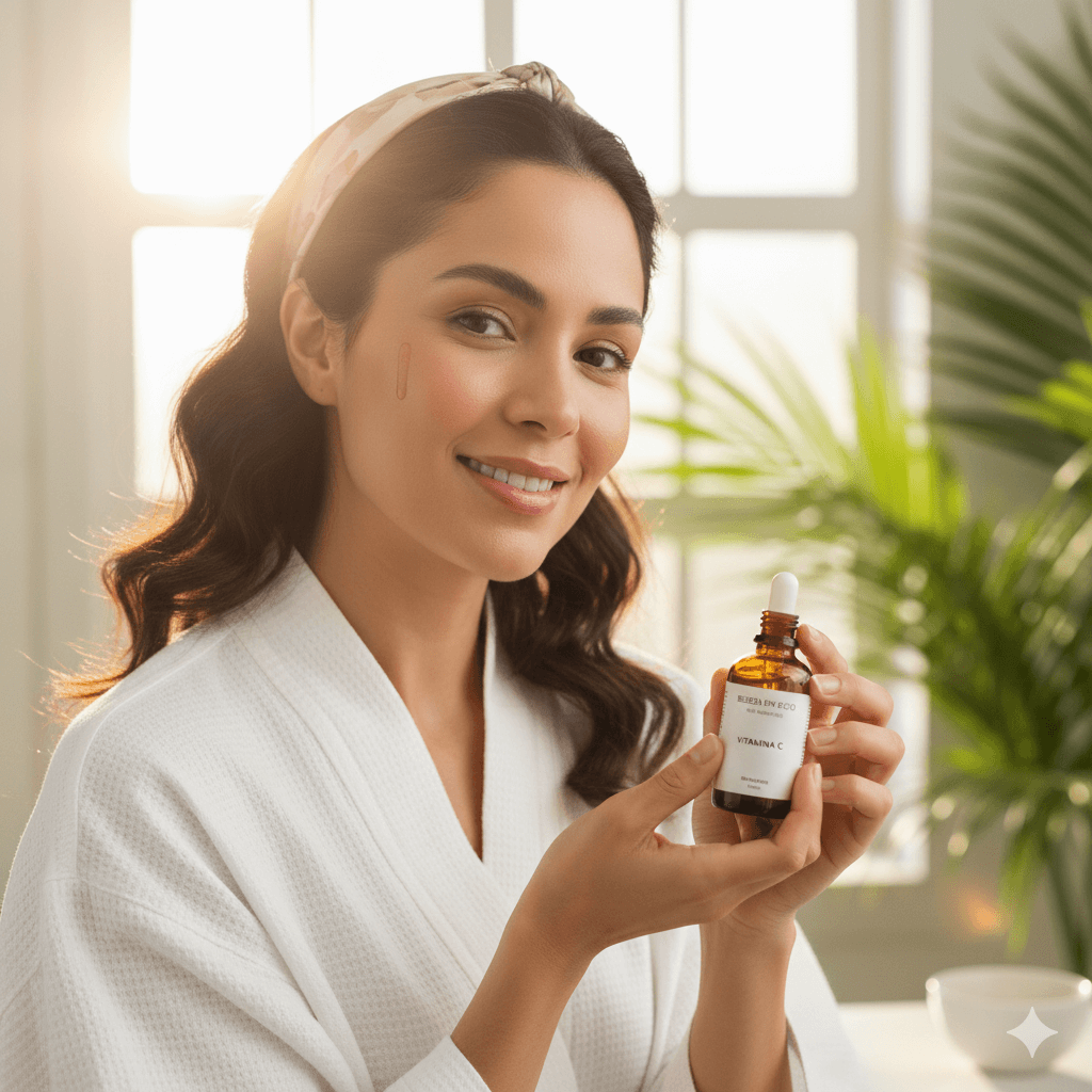 Mulher sorridente de roupão branco segurando um frasco de sérum de Vitamina C, representando rotina de skincare e cuidado facial.