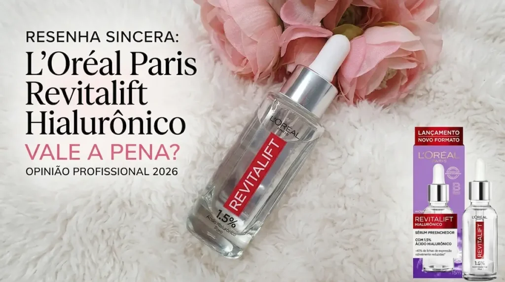 Capa de resenha do Sérum L'Oréal Paris Revitalift Hialurônico com frasco do produto e flores ao fundo.