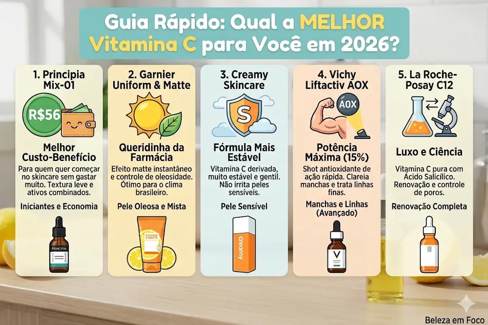 Infográfico Guia Rápido comparando as 5 melhores vitaminas C de 2026: Principia, Garnier, Creamy, Vichy e La Roche-Posay.