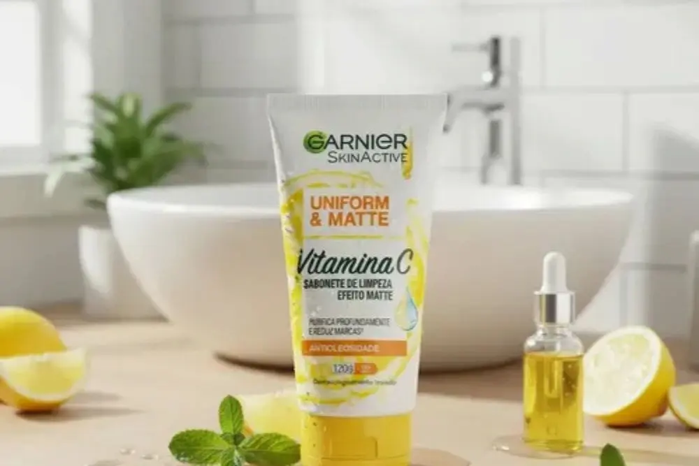 Embalagem de sabonete líquido facial Garnier Uniform & Matte ao lado de um frasco de Vitamina C em um ambiente de banheiro iluminado.