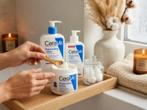 Pote de Creme Hidratante CeraVe aberto mostrando a textura cremosa com uma espátula de madeira, ao lado de uma vela acesa e toalha aconchegante em cenário de inverno.