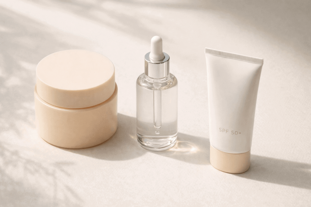 Produtos essenciais para efeito butter skin: balm de limpeza, sérum hidratante e protetor solar radiante