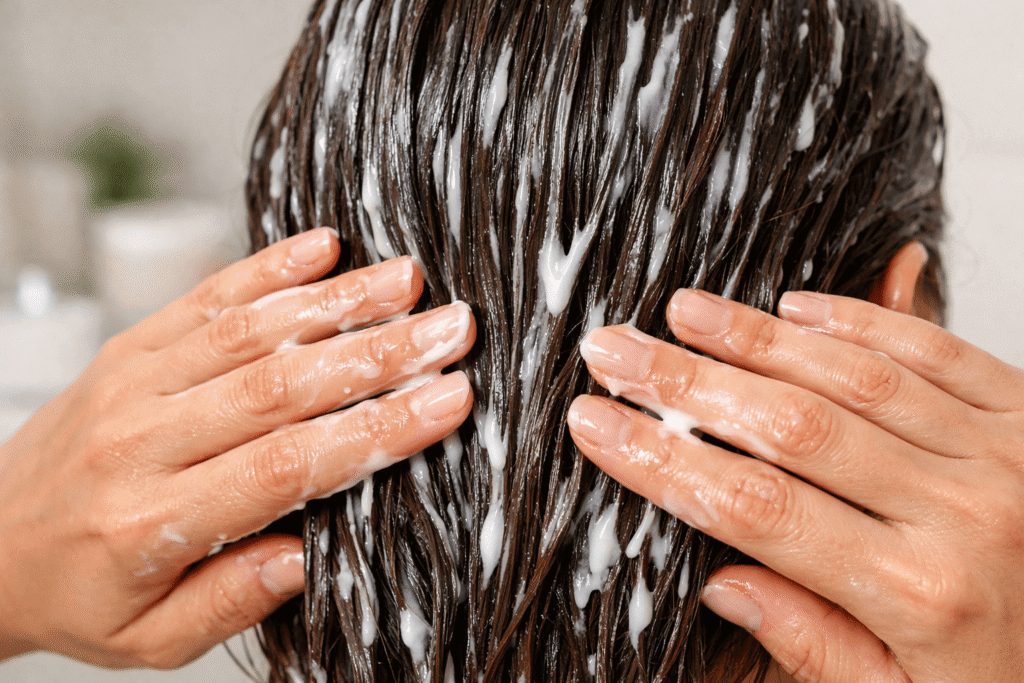 Aplicação de máscara de hidratação capilar com textura cremosa