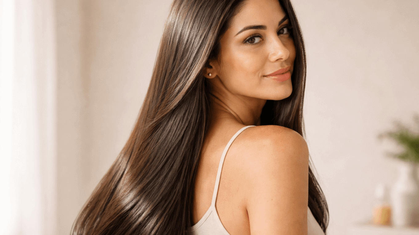 Resultado de nutrição capilar em cabelo longo, fios alinhados, com brilho natural e redução de frizz.