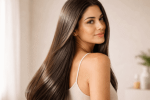 Resultado de nutrição capilar em cabelo longo, fios alinhados, com brilho natural e redução de frizz.
