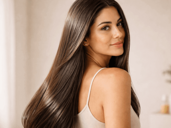 Resultado de nutrição capilar em cabelo longo, fios alinhados, com brilho natural e redução de frizz.