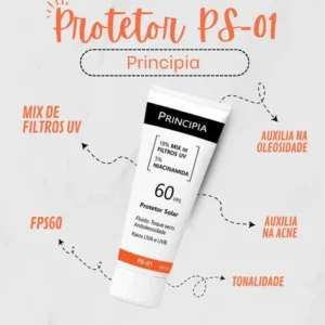 Infográfico de capa da resenha do Protetor Solar Principia PS-01, destacando FPS 60, Niacinamida e controle de oleosidade.