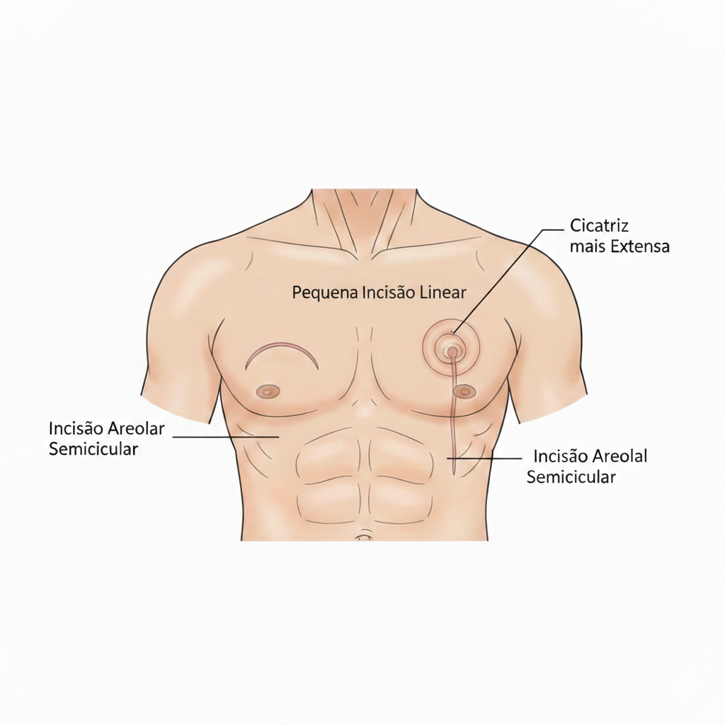 tipos de cicatriz da ginecomastia: areolar, linear e extensa
