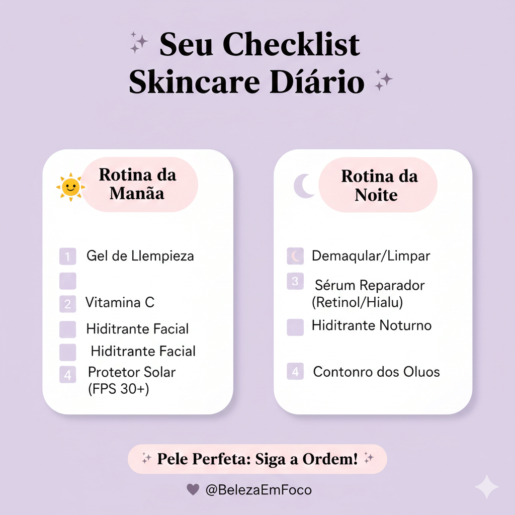 Infográfico de checklist diário de skincare com a ordem correta para uma pele perfeita de manhã e à noite.