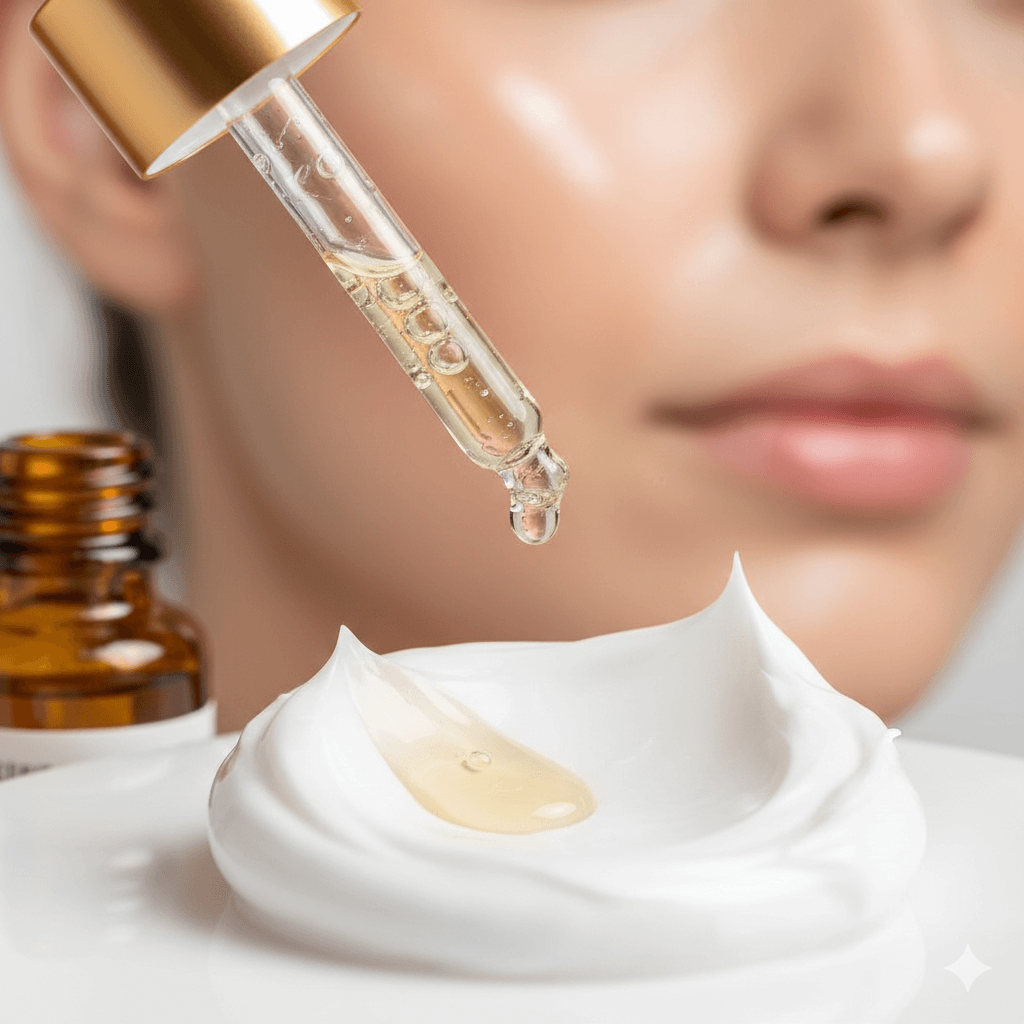 Close-up de conta-gotas com sérum e textura de creme facial, demonstrando a ordem correta para uma pele perfeita.