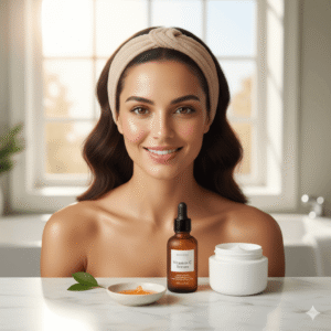 Mulher sorridente com pele radiante ao lado de produtos de skincare demonstrando a ordem correta para uma pele perfeita.