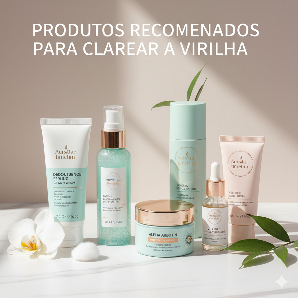 Composição profissional com diversos produtos de skincare como séruns, cremes e óleos em tons pastéis, com flores brancas e iluminação suave, representando produtos para clarear a virilha