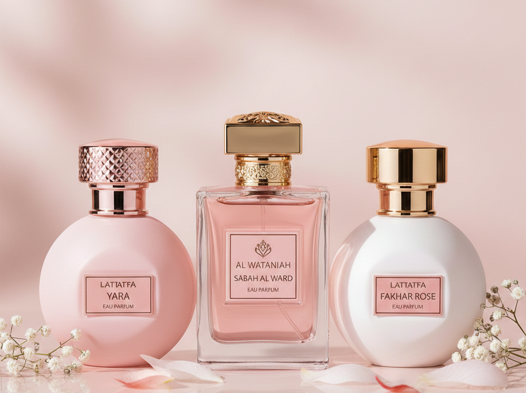 Três frascos de perfumes árabes femininos: Lattafa Yara rosa, Al Wataniah Sabah Al Ward transparente e Fakhar Rose branco, cercados por flores delicadas em um cenário de luxo