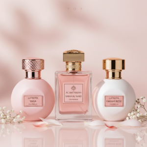 Três frascos de perfumes árabes femininos: Lattafa Yara rosa, Al Wataniah Sabah Al Ward transparente e Fakhar Rose branco, cercados por flores delicadas em um cenário de luxo