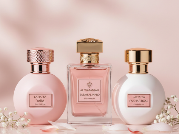 Três frascos de perfumes árabes femininos: Lattafa Yara rosa, Al Wataniah Sabah Al Ward transparente e Fakhar Rose branco, cercados por flores delicadas em um cenário de luxo