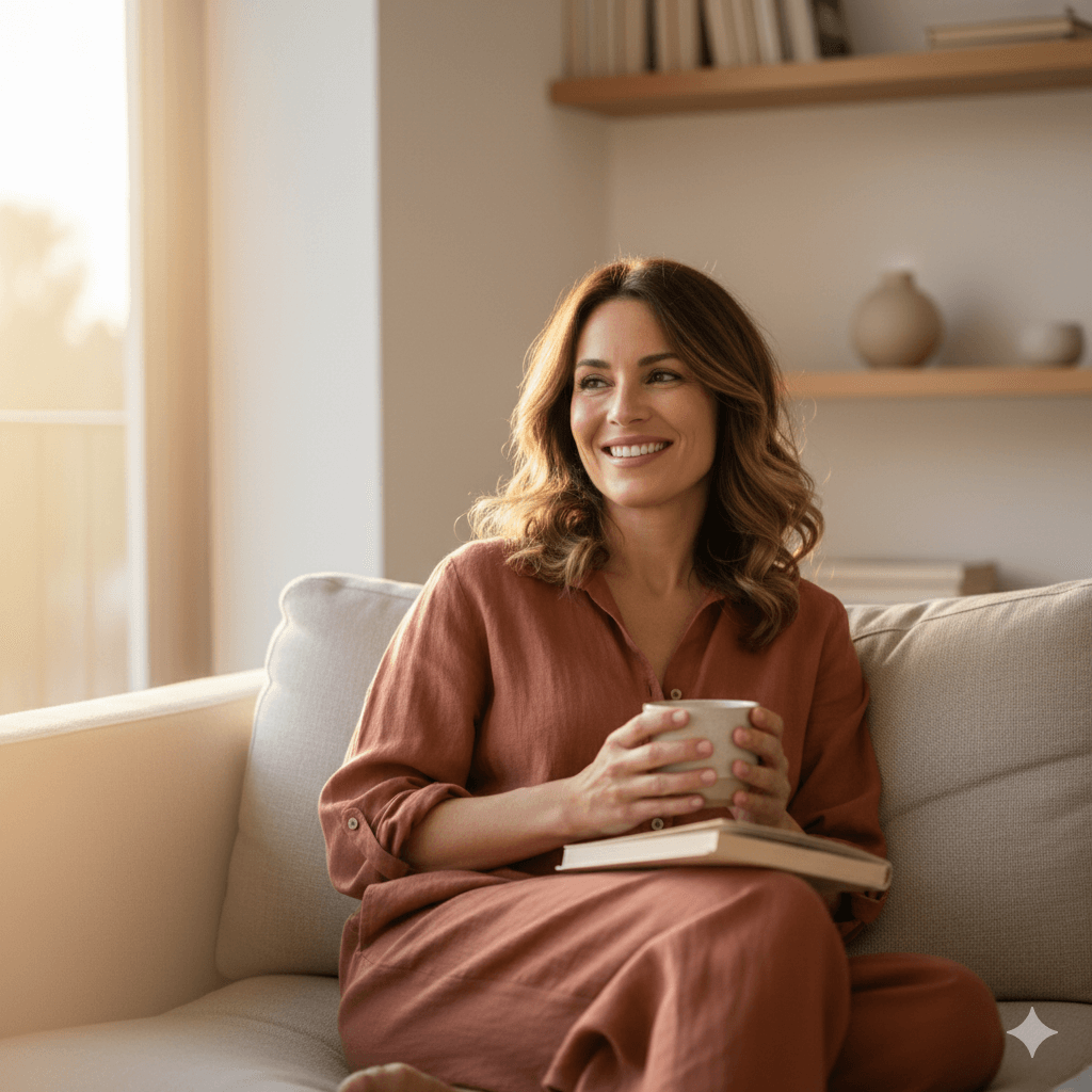 Mulher sorridente em momento de bem-estar representando a saúde íntima feminina e prevenção de infecções.