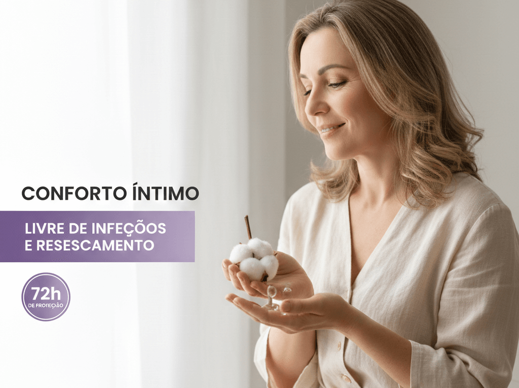 Quando você subir no WordPress, no campo "Texto Alternativo", escreva: Mulher sorrindo segurando algodão representando conforto e hidratação íntima contra ressecamento e infecção.