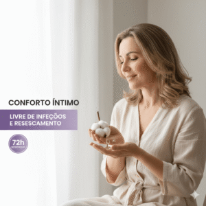 Quando você subir no WordPress, no campo "Texto Alternativo", escreva: Mulher sorrindo segurando algodão representando conforto e hidratação íntima contra ressecamento e infecção.