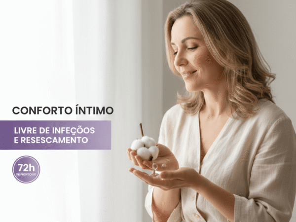 Quando você subir no WordPress, no campo "Texto Alternativo", escreva: Mulher sorrindo segurando algodão representando conforto e hidratação íntima contra ressecamento e infecção.