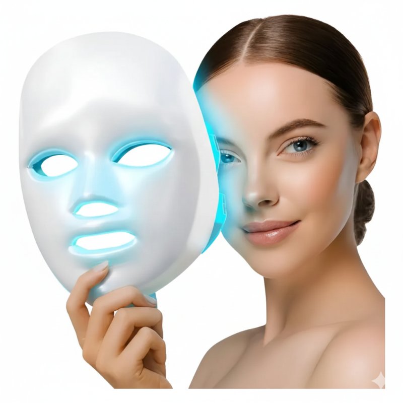 Mulher jovem segurando máscara de LED facial de luxo com luz azul, ideal para tratamento de pele e beleza em casa, tendência 2026