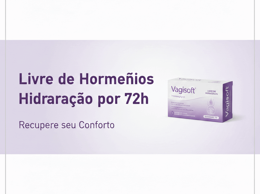 Banner informativo sobre como tratar ressecamento vaginal com hidratante Vagisoft livre de hormônios.