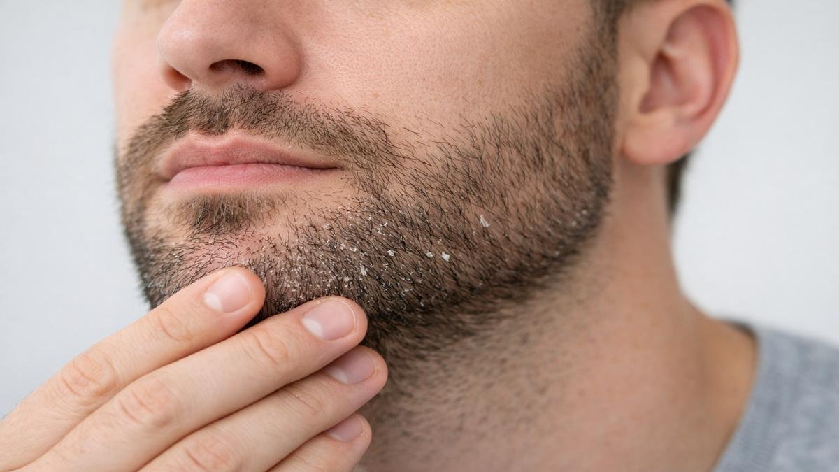 Caspa na barba com descamação no queixo causada por dermatite seborreica facial