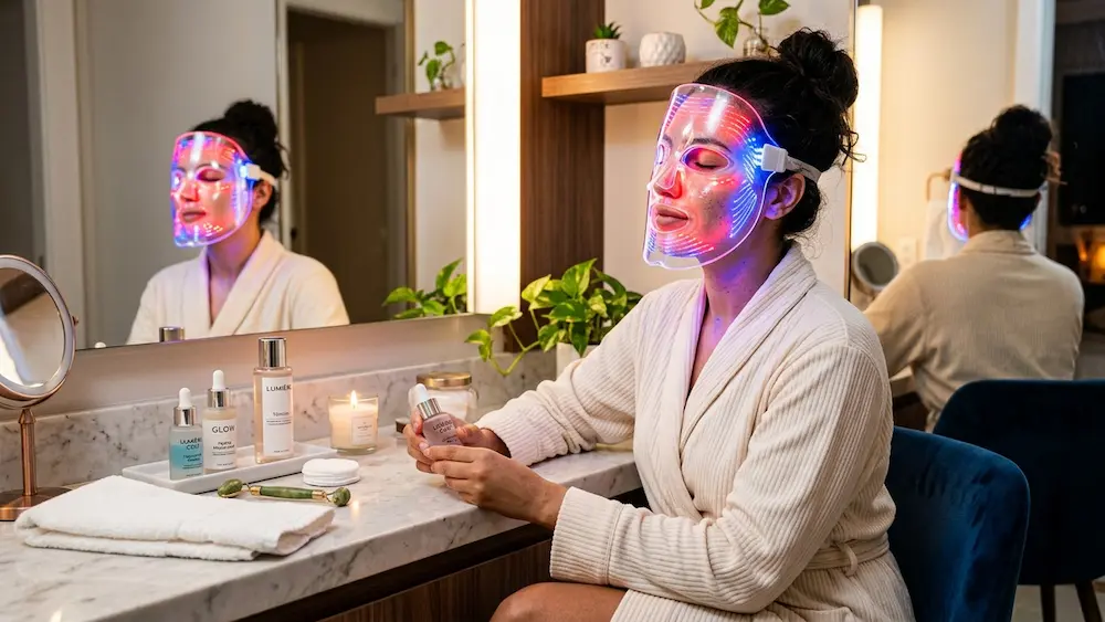 Mulher utilizando máscara de LED corretamente em casa.