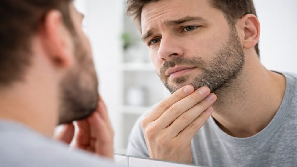 Homem observando possível caspa na barba no espelho