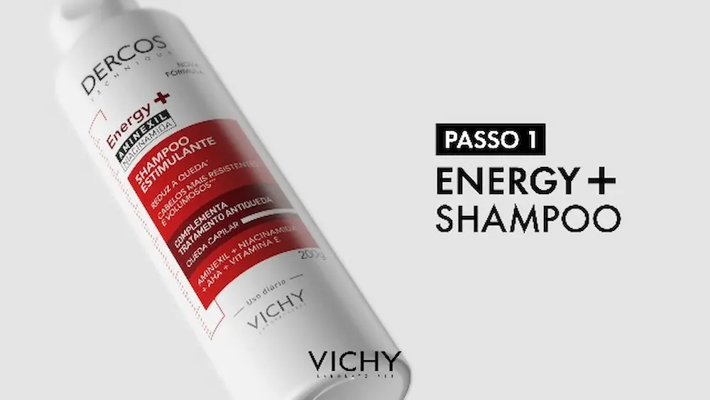 Frasco do Shampoo Vichy Dercos Energy+ para o tratamento de queda de cabelo feminina.