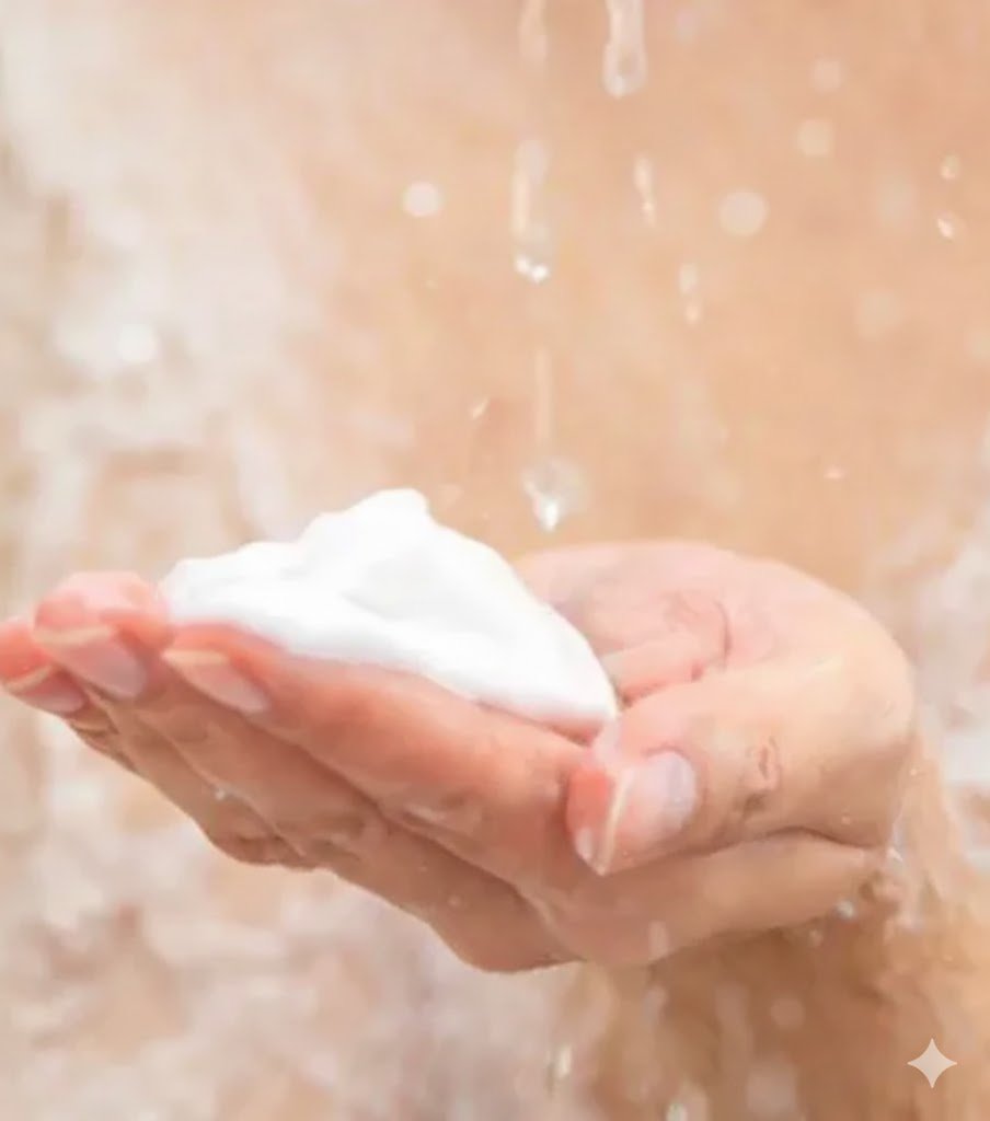 Close-up de espuma branca delicada na palma da mão sob água corrente.