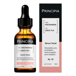 Sérum Principia Niacinamida 10% + Zinco PCA para controle de oleosidade e acne - Foto do frasco e caixa.