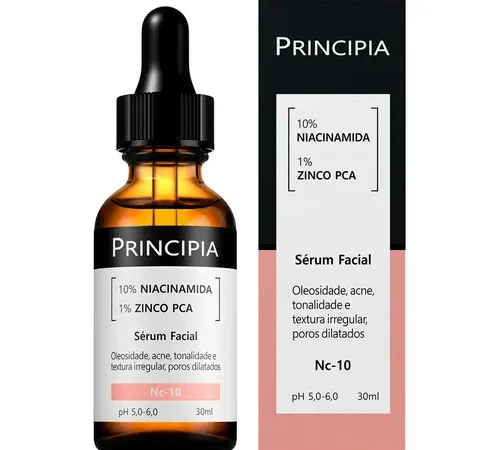 Sérum Principia Niacinamida 10% + Zinco PCA para controle de oleosidade e acne - Foto do frasco e caixa.