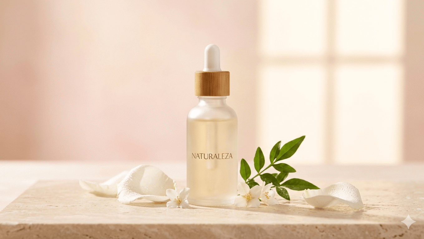 Cenário de skincare com óleos e séruns para clarear a virilha rápido.