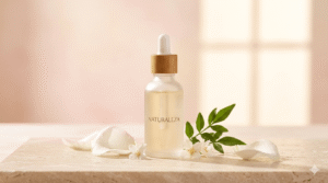 Cenário de skincare com óleos e séruns para clarear a virilha rápido.