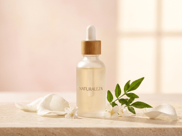 Cenário de skincare com óleos e séruns para clarear a virilha rápido.