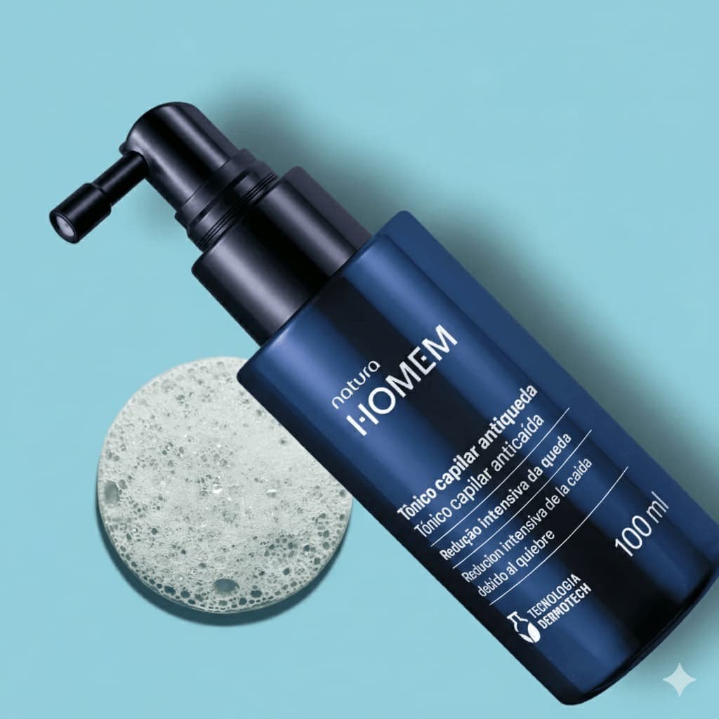 Tônico capilar antiqueda Natura Homem com tecnologia Dermotech para fortalecer a raiz.