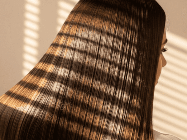 Cabelo castanho com brilho espelhado e reflexos de luz após banho de brilho caseiro.