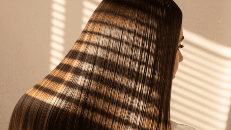 Cabelo castanho com brilho espelhado e reflexos de luz após banho de brilho caseiro.