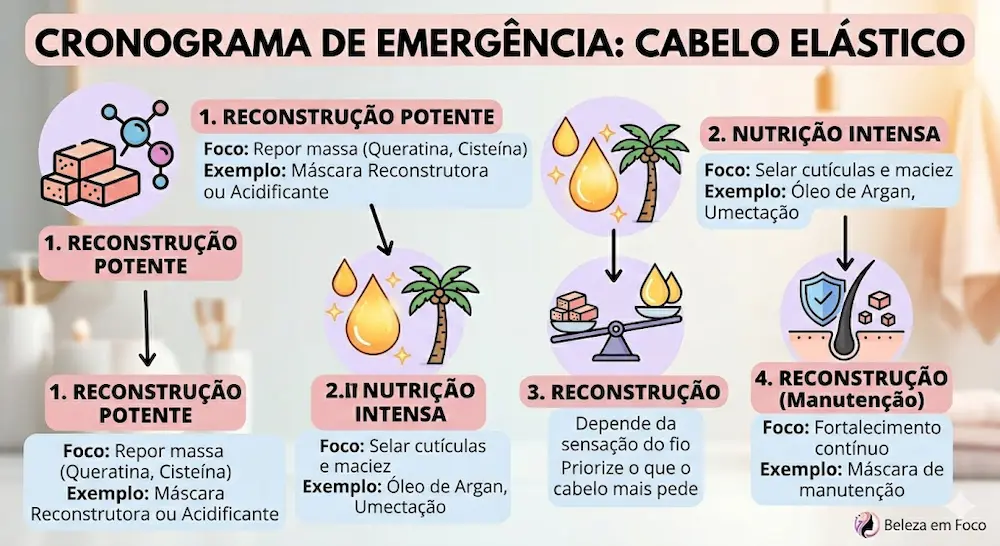 Infográfico ilustrativo do Cronograma Capilar de Emergência para cabelo elástico e emborrachado. Mostra 4 etapas numeradas verticalmente com ícones e texto em Português. 1. Reconstrução Potente, 2. Nutrição Intensa, 3. Reconstrução Leve ou Nutrição, 4. Reconstrução (Manutenção). Cores pastéis em rosa e azul.