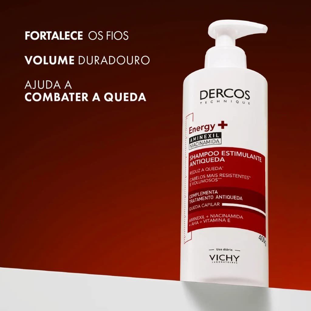 "Shampoo estimulante antiqueda Vichy Dercos Energy Plus para limpeza e fortalecimento dos fios.