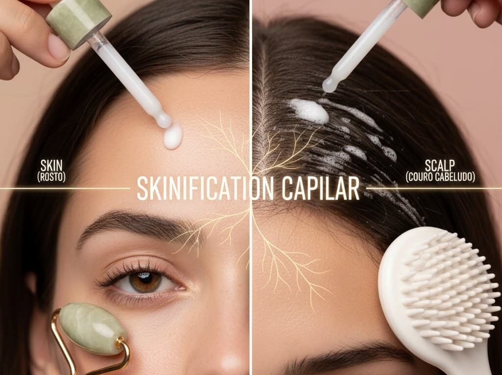 Skinification capilar: passo a passo de como cuidar do couro cabeludo com shampoo esfoliante e tônico.