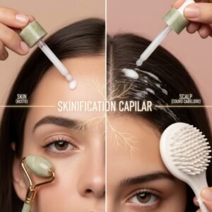 Skinification capilar: passo a passo de como cuidar do couro cabeludo com shampoo esfoliante e tônico.