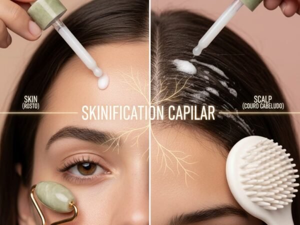 Skinification capilar: passo a passo de como cuidar do couro cabeludo com shampoo esfoliante e tônico.