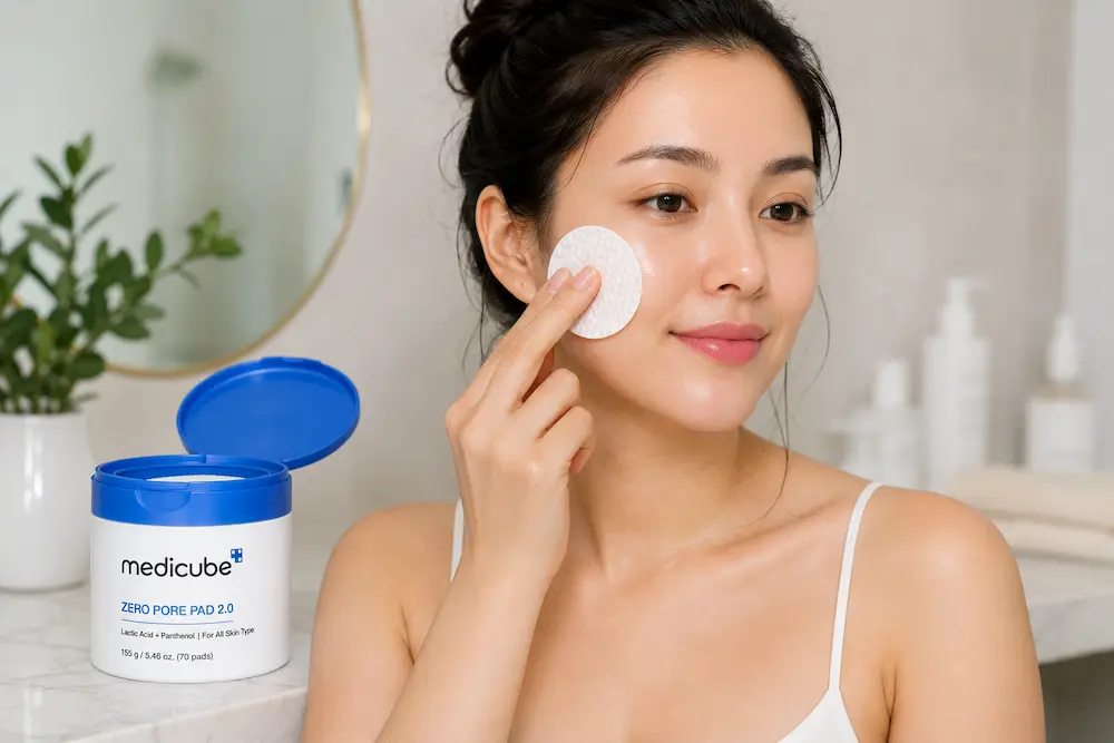 Mulher utilizando o Medicube Zero Pore Pad 2.0 na rotina de skincare