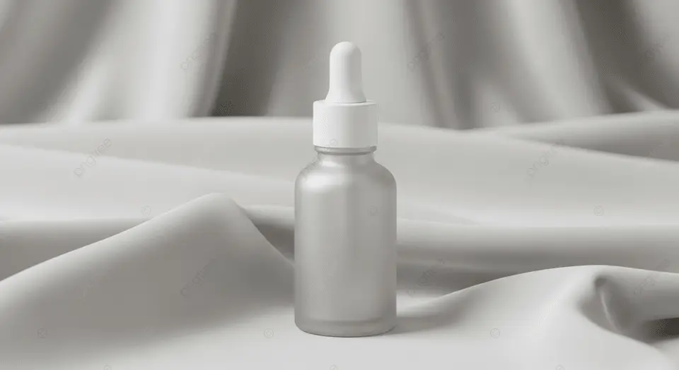 Frasco de sérum facial minimalista em vidro fosco sobre tecido de seda cinza, representando cuidados com a pele sem fragrância.