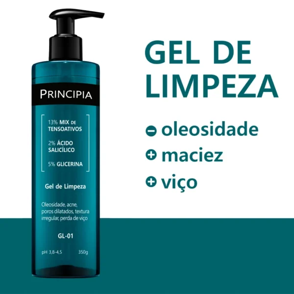 Gel de Limpeza Principia GL-01 para peles oleosas e acneicas, destacando benefícios de menos oleosidade, mais maciez e viço.