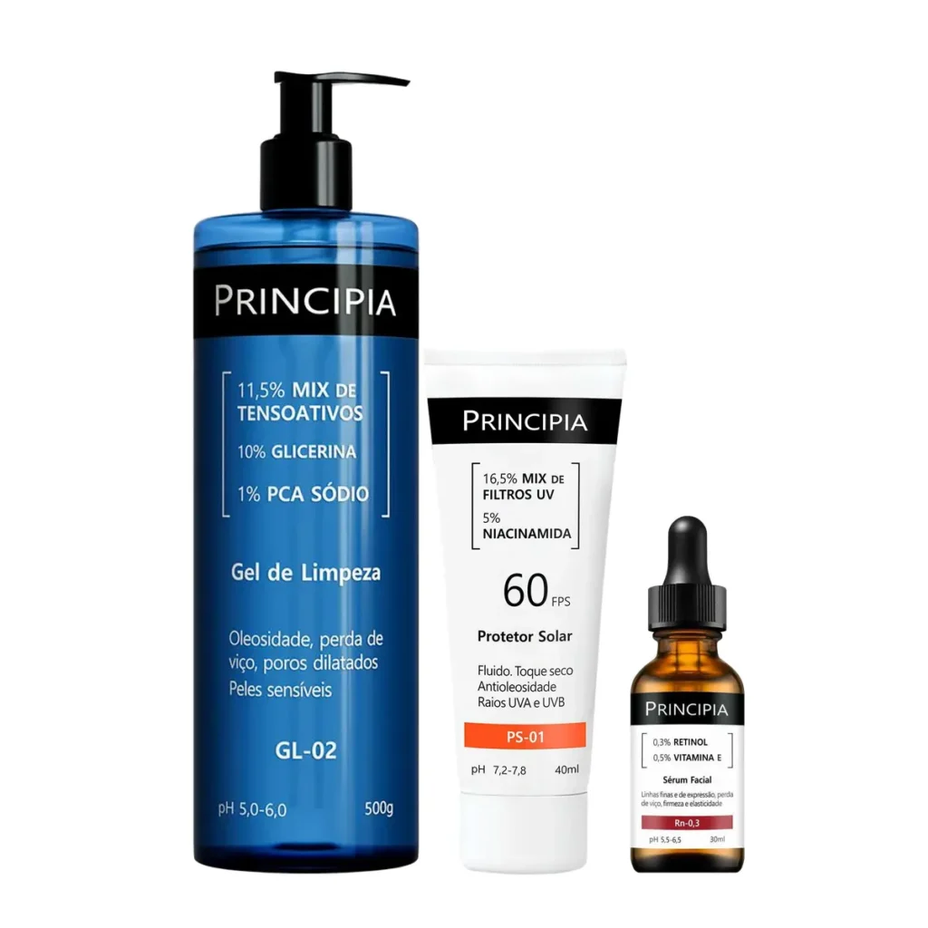 Kit de skincare completo da Principia para pele sensível e acneica sem perfume ou fragrâncias.
