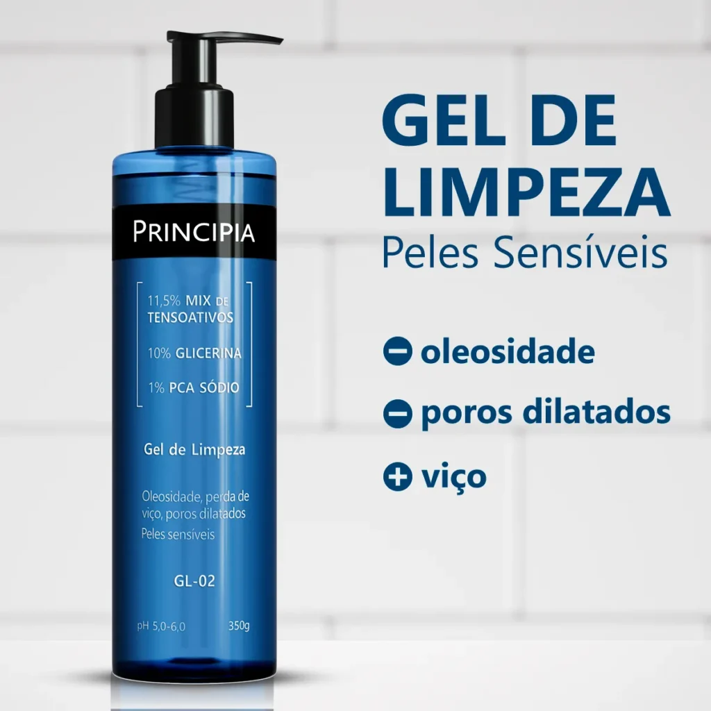 Gel de Limpeza Principia GL-02 para peles sensíveis, com destaque para benefícios de redução de oleosidade e poros.